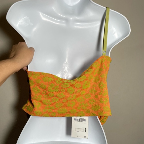 NWT Zara Asymmetric Jacquard Off the Shoulder Orange Green Floral Crop Top SZ L - Picture 9 of 11